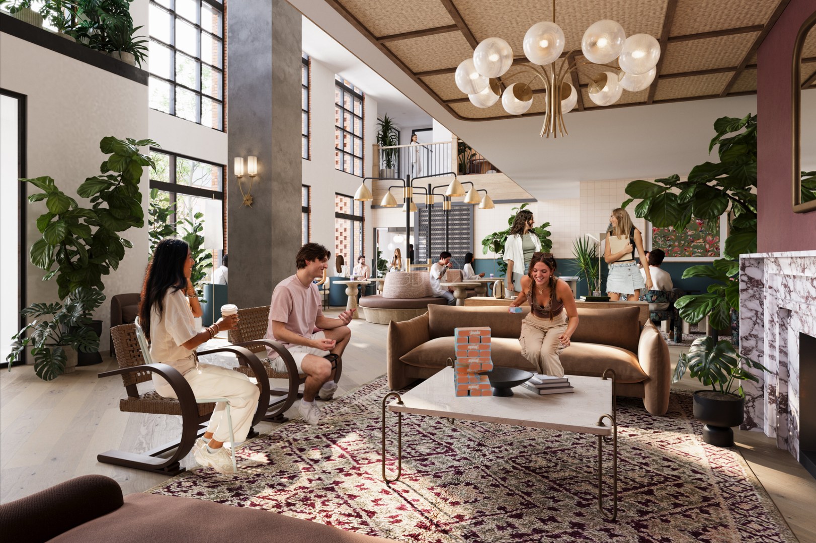 A bright, modern lounge in UMich Off-Campus Housing features large windows, indoor plants, and people chatting over coffee on sofas and chairs. A Jenga game sits on the central table beneath a sparkling chandelier.
