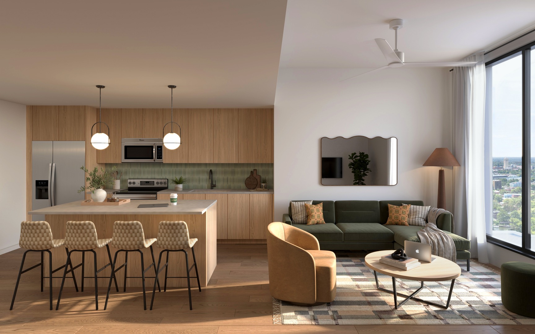 Modern open-plan kitchen and living room with wood accents, island seating, green sofa, tan armchair, large windows, and city views. Neutral tones and contemporary decor create a cozy, stylish atmosphere.