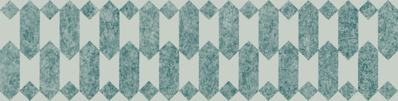 A repeating pattern of teal, textured geometric shapes resembling vertical rectangles with chevrons pointing upward and downward, arranged in a horizontal row on a light background, evokes the modern style of UMich Off-Campus Housing.