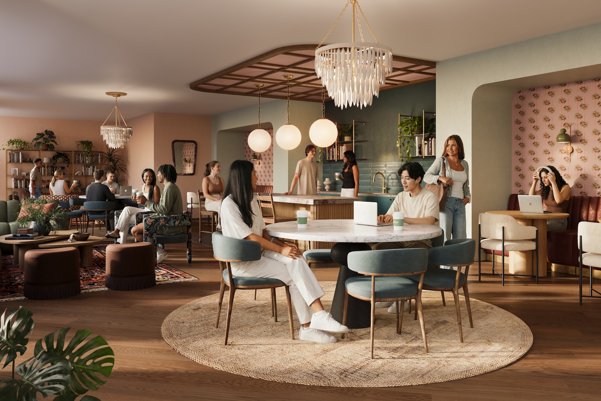 A modern, stylish café in Rambler Ann Arbor with people socializing, working on laptops, and chatting. The space features round tables, velvet chairs, warm lighting, plants, and a cozy, inviting atmosphere.