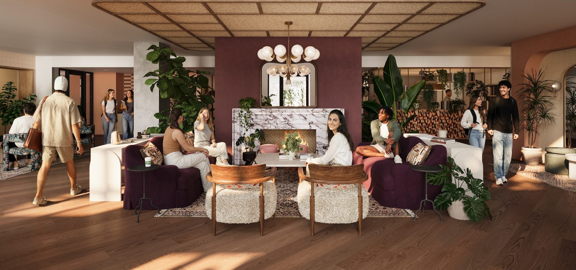 A modern communal lounge at Ann Arbor Student Apartments with people socializing, featuring velvet purple chairs, wooden tables, large plants, and a central marble fireplace. Warm lighting and stylish decor create a cozy, inviting atmosphere.