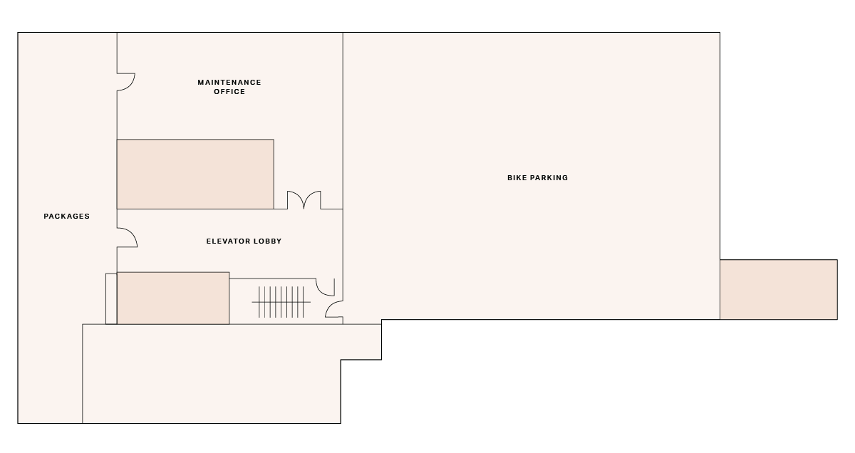 A simple floor plan showing a maintenance office, package area, elevator lobby, and large bike parking section, with labeled rooms and dividing walls.