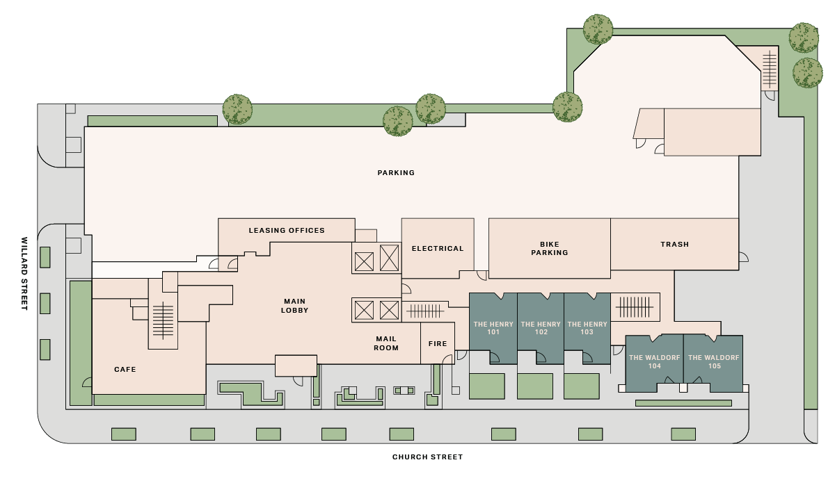Site map of a building complex showing parking, leasing offices, electrical and fire rooms, bike parking, trash area, a café, main lobby, mail room, and residential units facing Willard Street and Church Street.