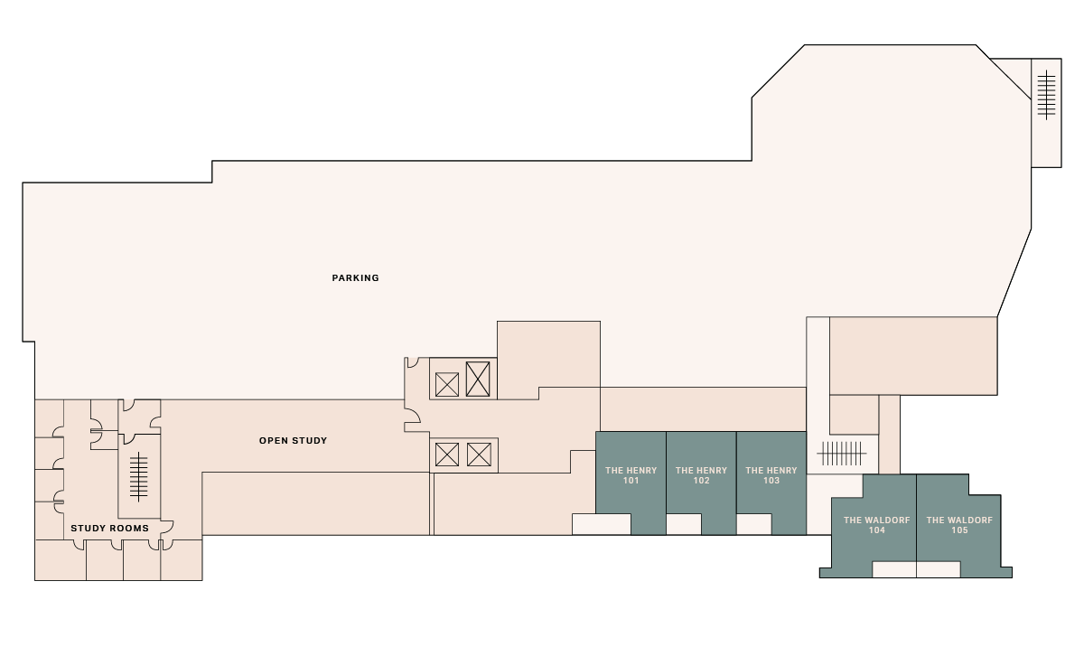 A floor plan shows parking, open study areas, study rooms on the left, and four rooms on the right labeled The Henry 101, The Henry 102, The Henry 103, The Waldorf 104, and The Waldorf 105.