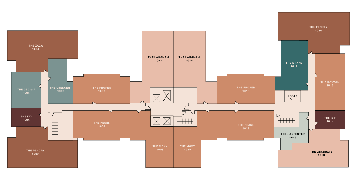 A floor plan of a hotel or apartment building showing labeled rooms, each with a unique name and number, arranged symmetrically around central elevators and stairs. Room names include The Pearl, The Proper, The Ivy, and The Drake.