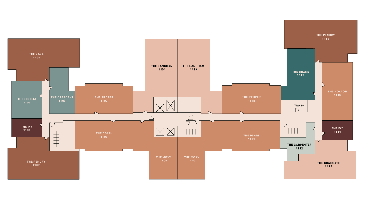 A floor plan of an apartment building showing labeled units in various colors, including The Zaza, The Proper, The Drake, The Pearl, The Ivy, The Perry, The Carpenter, The Crescent, and The Graduate.