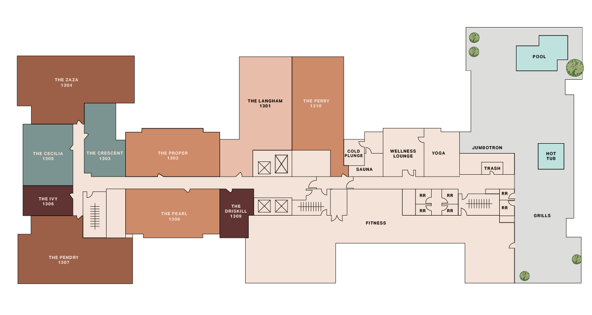 Floor plan of an apartment complex showing labeled units, amenities like a fitness center, sauna, wellness lounge, yoga room, outdoor pool, hot tub, grills, and green landscaped areas.