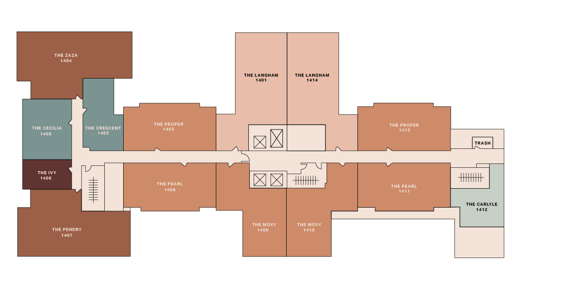 Floor plan of a building with labeled rooms including The Zaza, The Cecilia, The Ivy, The Perry, The Crescent, The Proper, The Pearl, The Moxy, The Langham, The Lankham, Trash, and The Canale.