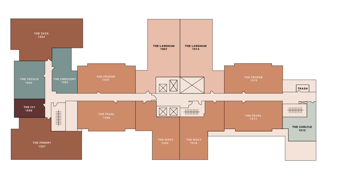 A floor plan shows labeled rooms in shades of brown, green, and pink. Room names include The ZaZa, The Cecilia, The Crescent, The Ivy, The Peabody, The Proper, The Pearl, The Langham, The Holy, The Carlyle, and a trash area.