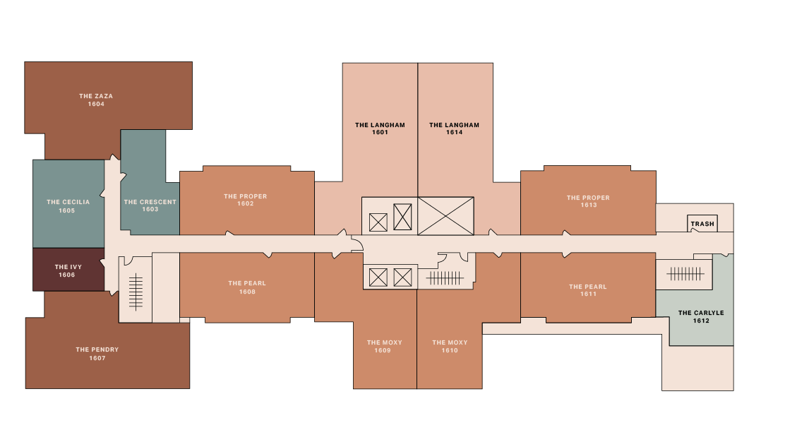 A labeled floor plan showing rooms named The ZaZa, The Cecilia, The Perry, The Ivy, The Crescent, The Proper, The Pearl, The Langham, The Moxy, and The Carlisle with years ranging from 1601 to 1812.
