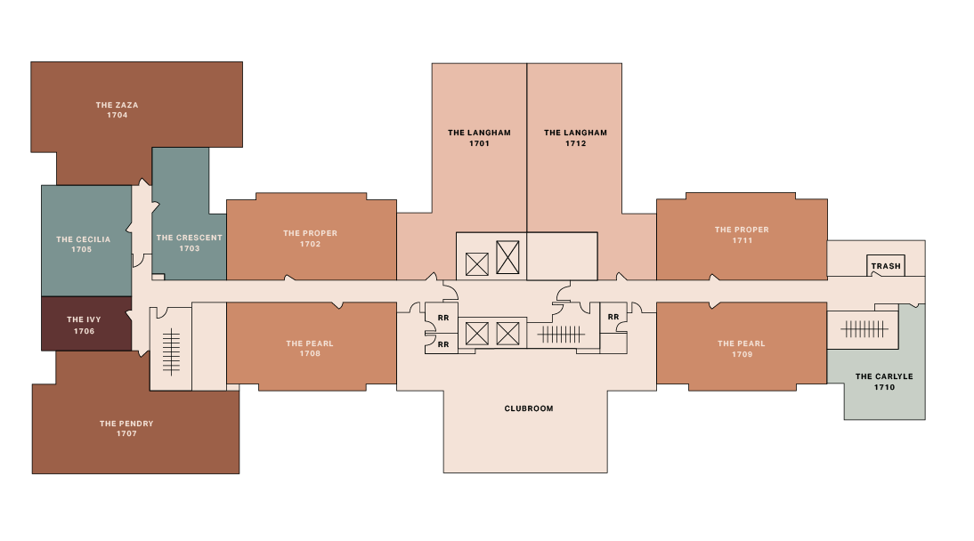 Floor plan showing labeled apartment units, including The Zaza, The Proper, The Pearl, The Crescent, The Ivy, The Cecilia, The Perry, The Langham, and The Carlisle. Central area labeled Clubroom with elevators and stairs.