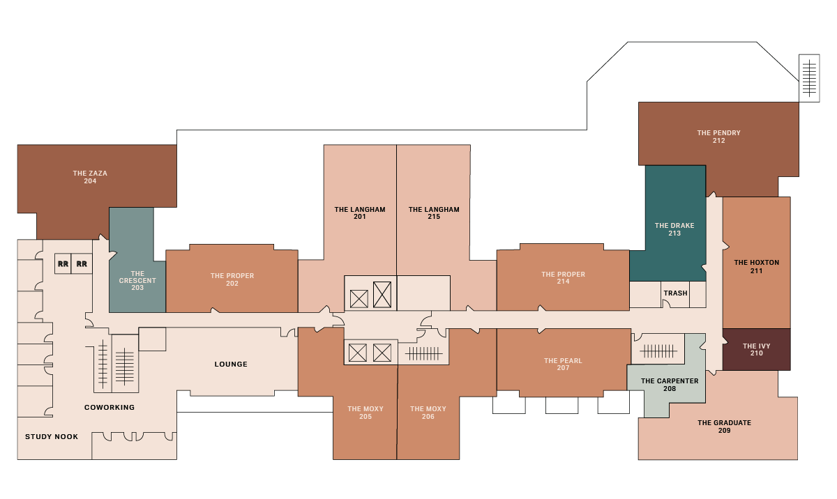 A floor plan of a building showing various labeled rooms, such as The Zaza, The Crescent, The Proper, The Langham, The Moxton, and more, with lounges, coworking spaces, and a study nook. Restrooms are marked near The Crescent.