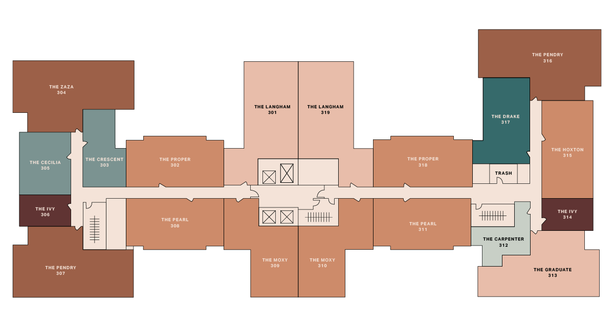 A floor plan of a building with labeled rooms in various colors. Room names include The Zaza, The Cecilia, The Ivy, The Crescent, The Proper, The Pearl, The Landman, The Moxy, The Drake, The Perry, The Carpenter, The Gratitude, and The Hutton.