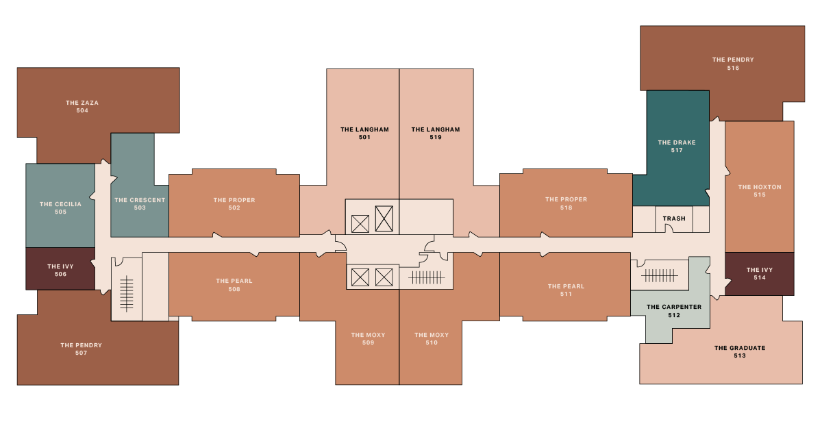 Floor plan of a building with labeled rooms, including The Zaza, The Proper, The Pearl, The Langham, The Drake, The Ivy, and others, arranged along central hallways with stairwells and elevators.