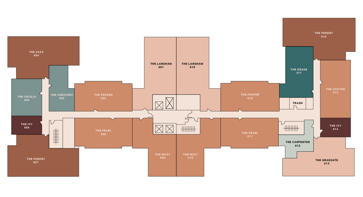 A symmetrical floor plan showing labeled rooms such as The Zaza, The Proper, The Drake, The Moxy, and others, with elevators and stairs in the central corridor. Rooms are shaded in various earth tone colors.
