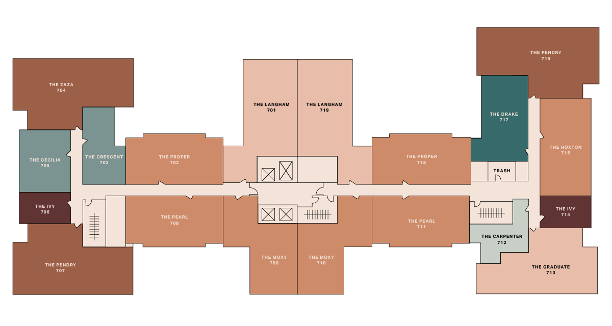 A floor plan of a building with rooms labeled by names such as THE DRAKE, THE PEARL, and THE LANGHAM, as well as room numbers ranging from 701 to 719. Central area has elevators and stairs.
