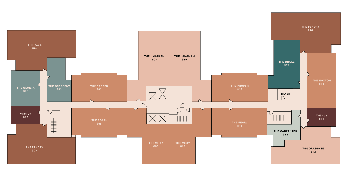 A labeled floor plan shows various rooms in different colors, including The Daza, The Cecilia, The Ivy, The Perdy, The Crescent, The Proper, The Pearl, The Navy, The Langham, The Drake, The Hoxton, The Carpenter, and The Grande.