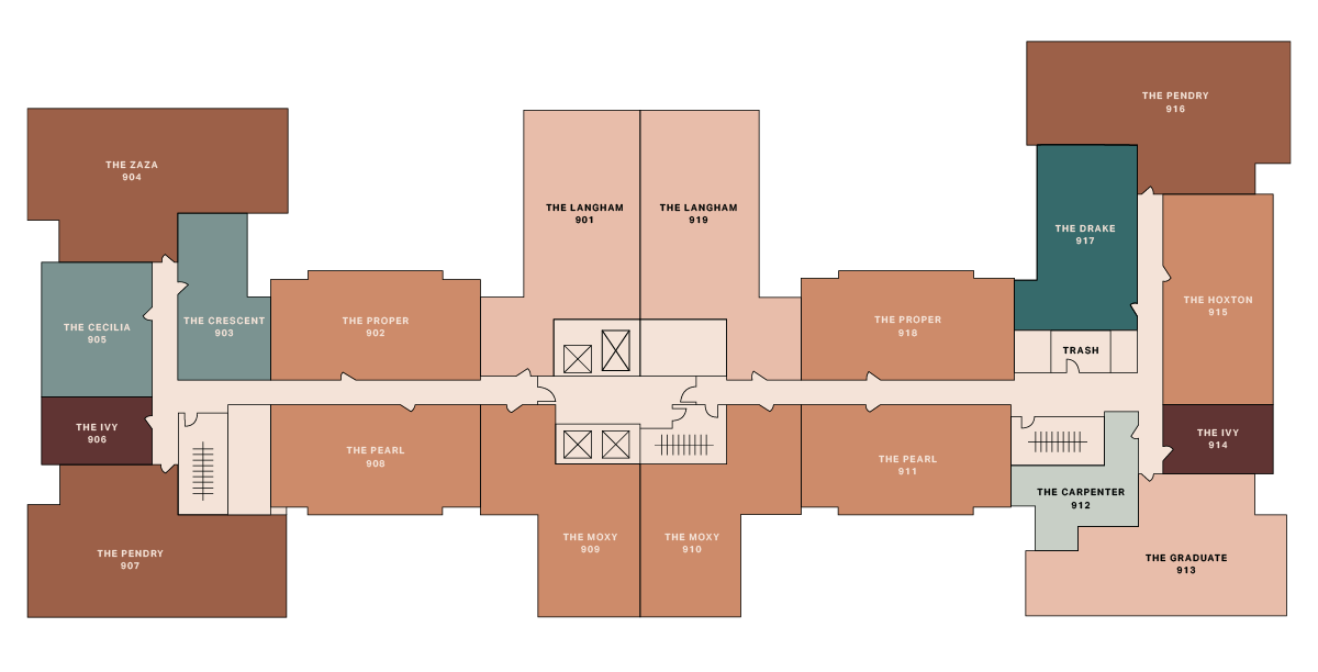 A floor plan of a building with labeled rooms in various colors. Room names include The Perry, The Ivy, The Proper, The Pearl, The Moxy, The Drake, The Carpenter, The Crescent, The Sociale, The Langham, The Watson, and The Graduate.