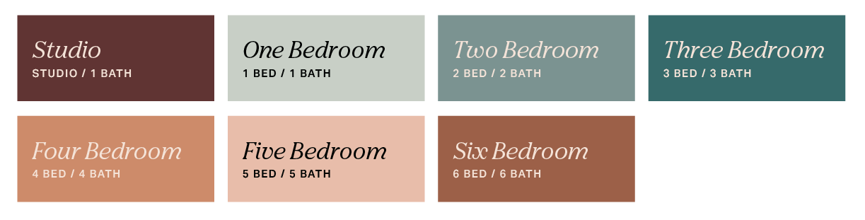 A chart displays seven colored boxes for apartment types: Studio (1 bath), One Bedroom (1 bed/1 bath), Two Bedroom (2 bed/2 bath), Three Bedroom (3 bed/3 bath), Four Bedroom (4 bed/4 bath), Five Bedroom (5 bed/5 bath), Six Bedroom (6 bed/6 bath).