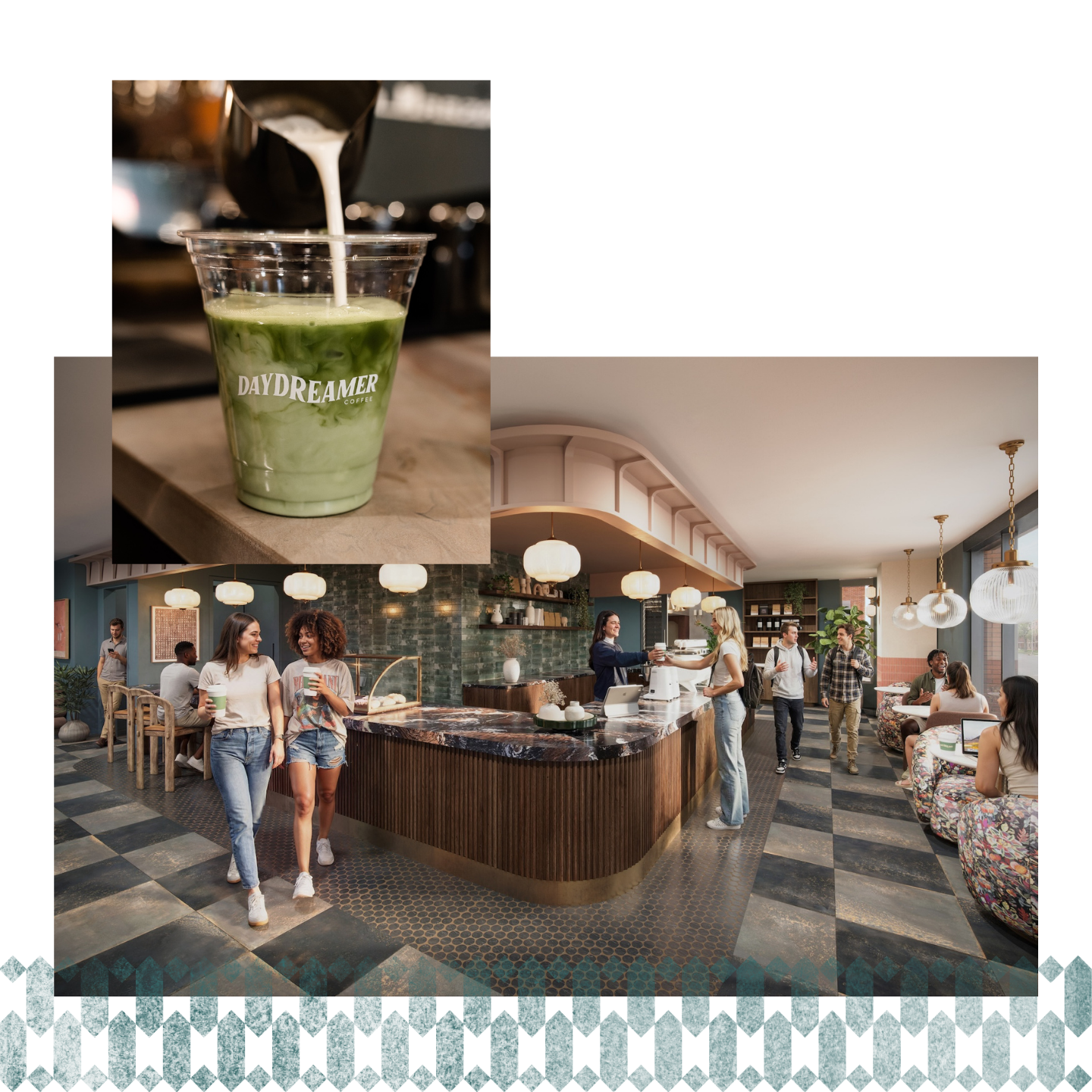 A barista pours milk into a Daydreamer cup with green matcha in a cozy, modern café—an inviting spot where UMich Off-Campus Housing residents relax, chat, and sip drinks on comfy couches or at lively tables.