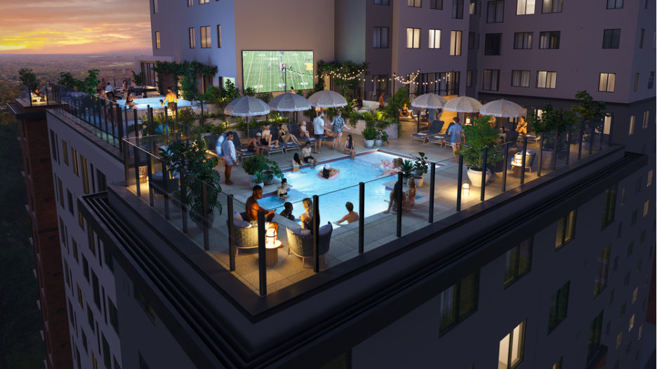 Nighttime exterior rendering of Rambler Ann Arbor’s rooftop pool and outdoor amenities deck opening in Michigan in Fall 2027. 