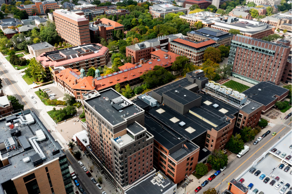 Aerial view of student housing in Ann Arbor south of the University of Michigan. 