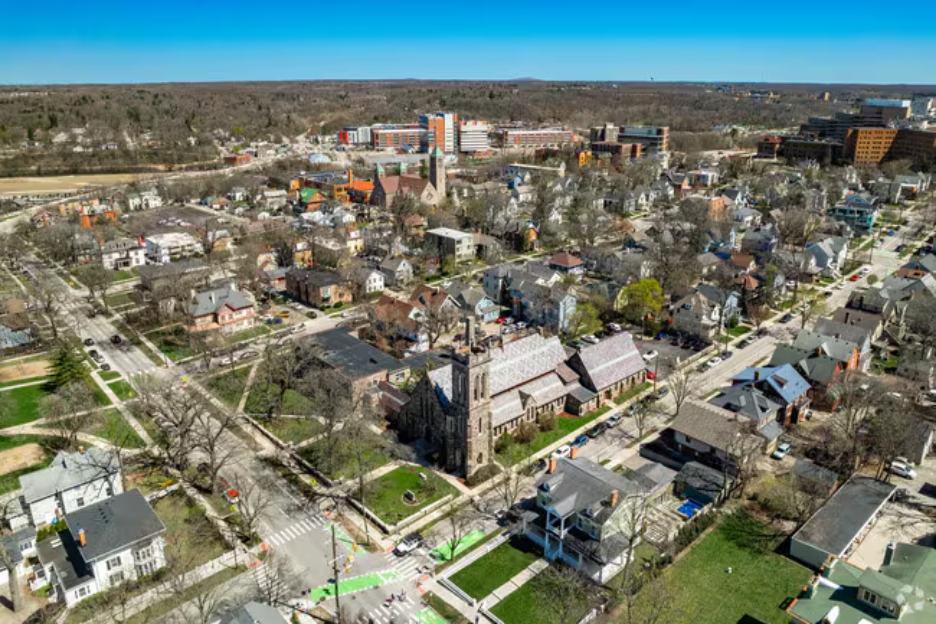 Aerial view of Old Fourth Ward in Ann Arbor, Michigan. 