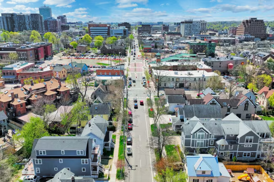 Aerial view of houses in Kerrytown near The University of Michigan. 