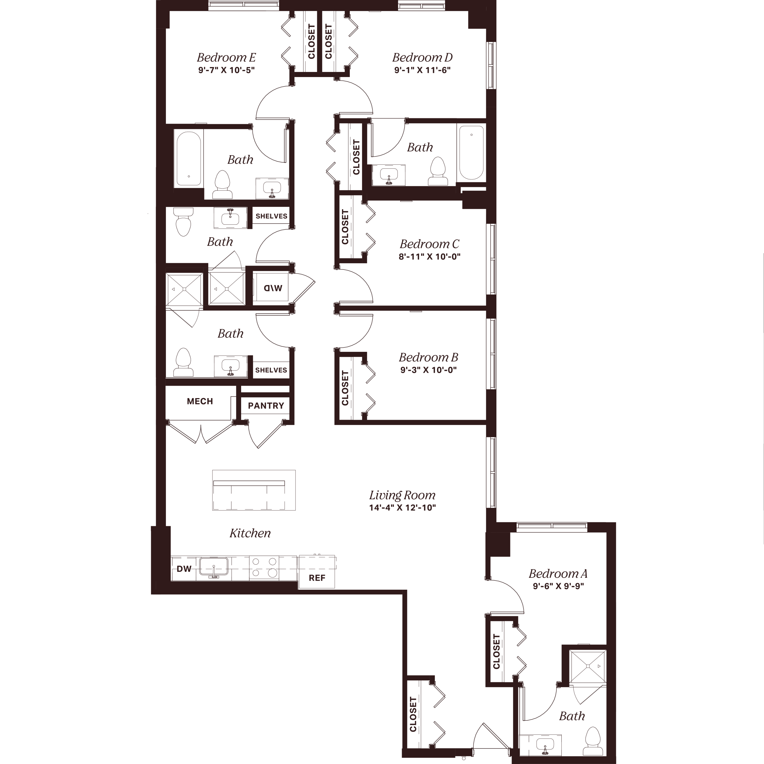 Floor plan of a five-bedroom apartment with a kitchen, living room, pantry, mechanical room, and four bathrooms. Each bedroom has closets; some have attached baths. Rooms are labeled from A to E.