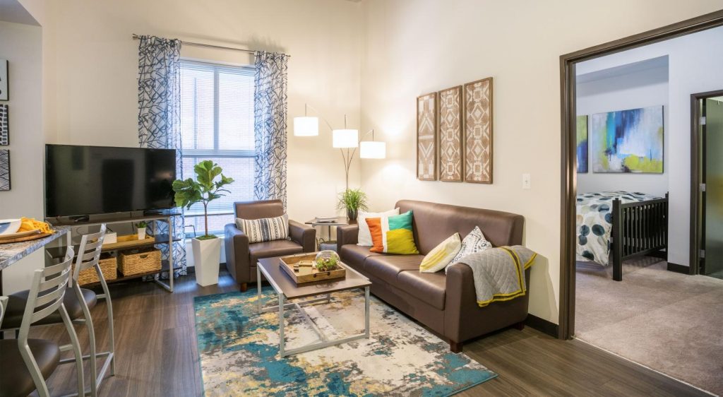 Sterling Arbor BLU furnished student apartment interior with modern living space near the University of Michigan campus.