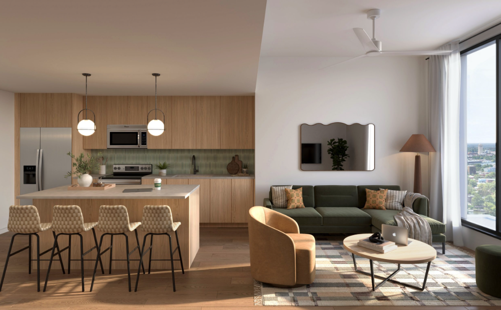 Rendering of one of Rambler Ann Arbor's fully furnished apartment units near the University of Michigan.