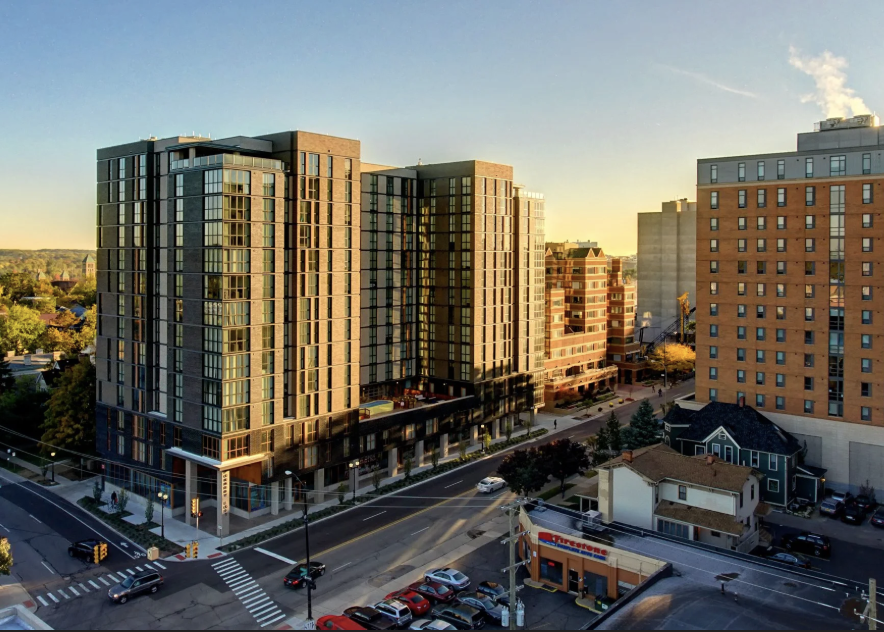 Sunset photo of Foundry Lofts in Ann Arbor near the University of Michigan.
