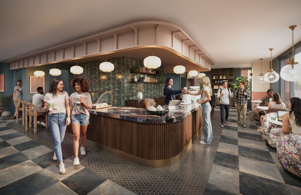 Interior of Daydreamer Café at Rambler Ann Arbor featuring coffee bar and lounge seating.