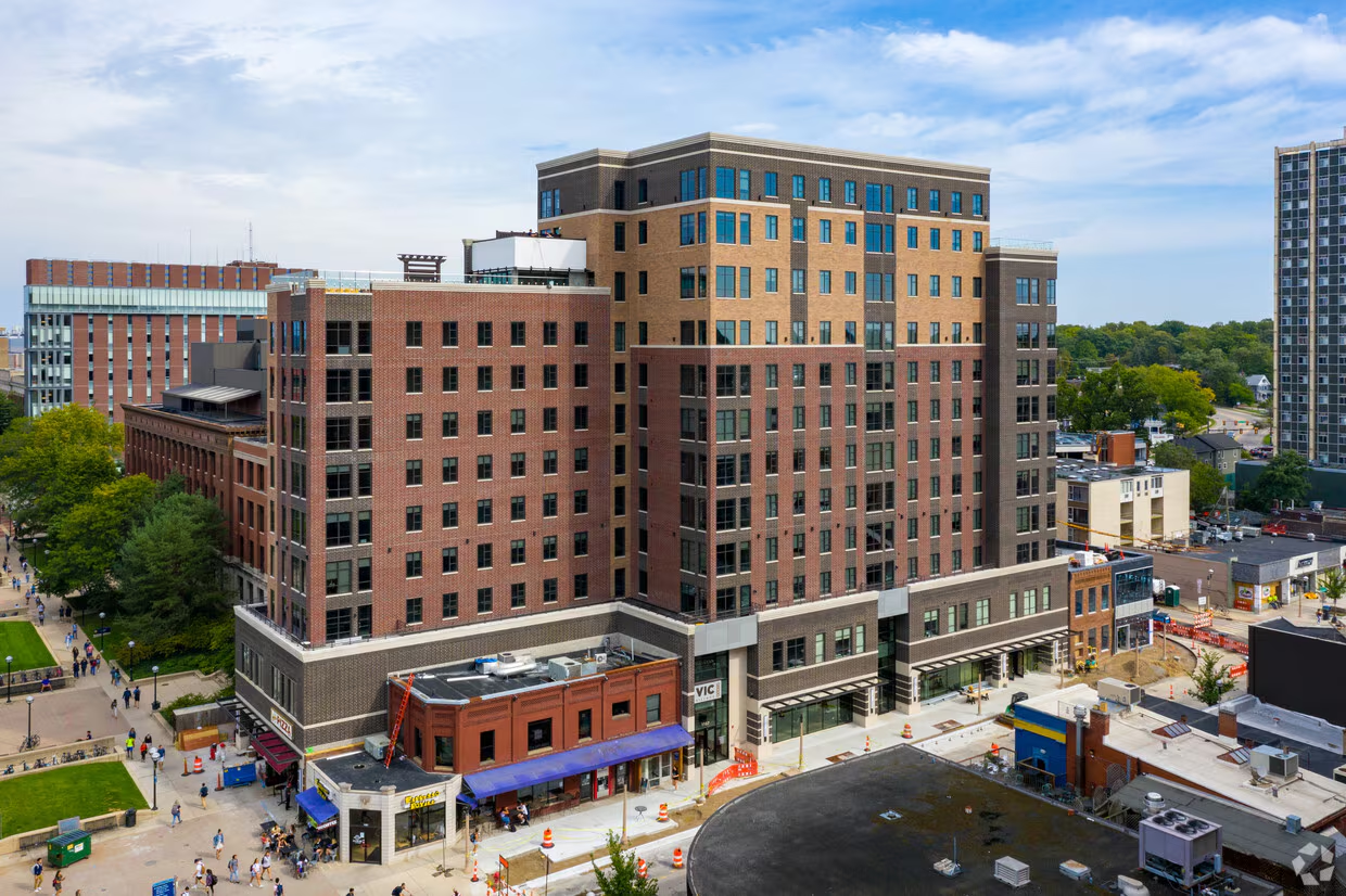 Exterior of Vic Village North student apartments on South University Avenue in Ann Arbor near the University of Michigan campus.