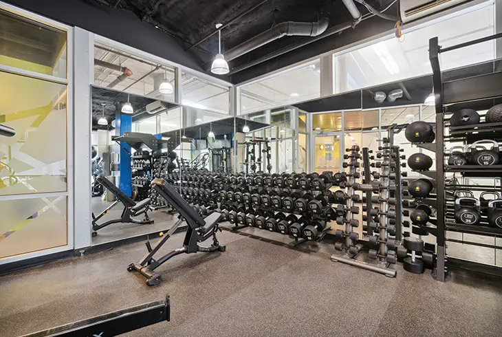 Z West apartment fitness center with cardio equipment, cable machines and free weights.