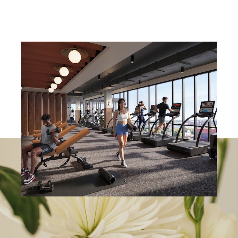 A modern gym with large windows, bright lighting, and exercise equipment throughout the space—perfect for UMich student apartments with wellness amenities. Several people are working out on treadmills and weight benches.