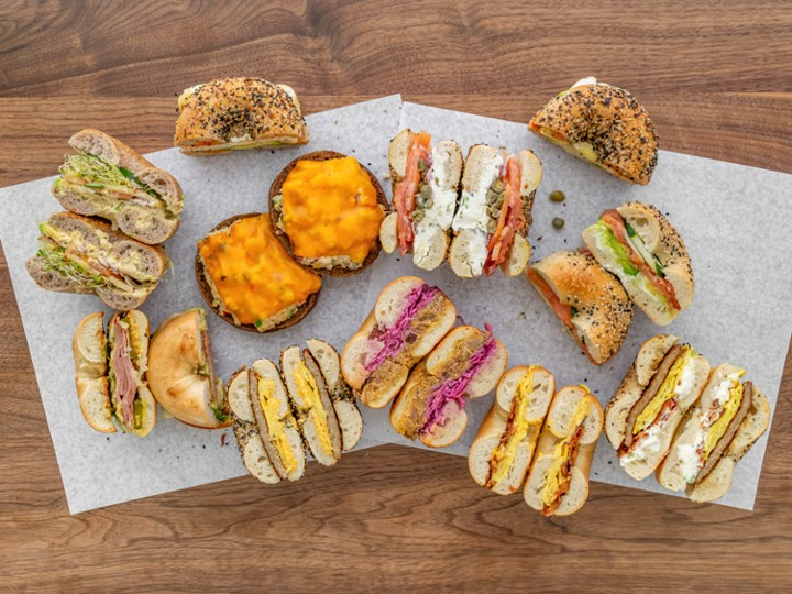Variety of bagel sandwiches and bagels from Bo’s Bagels, a popular spot for brunch in Ann Arbor.