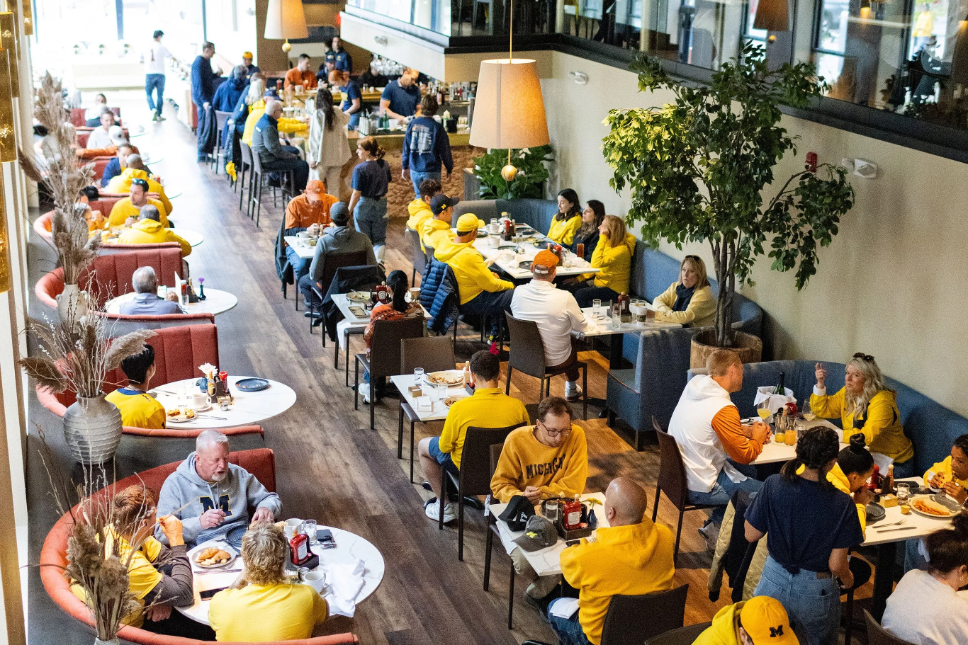 Dining room with ample seating at Sava’s in Ann Arbor during busy weekend brunch time.