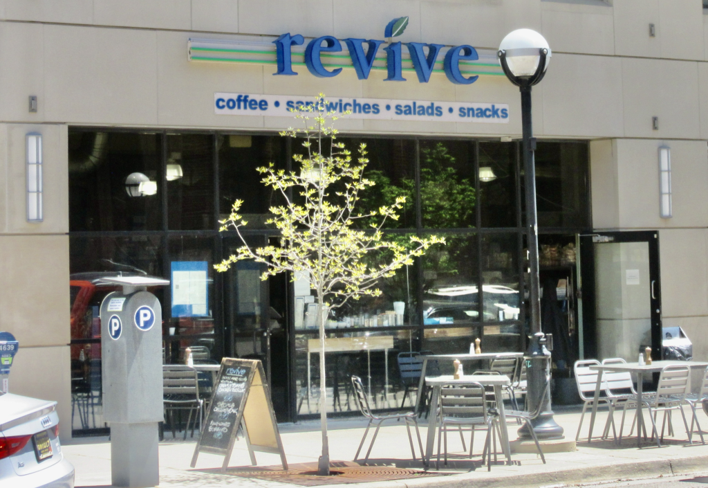 Exterior of Revive Café in Ann Arbor, a casual spot for brunch and group gatherings near the University of Michigan.