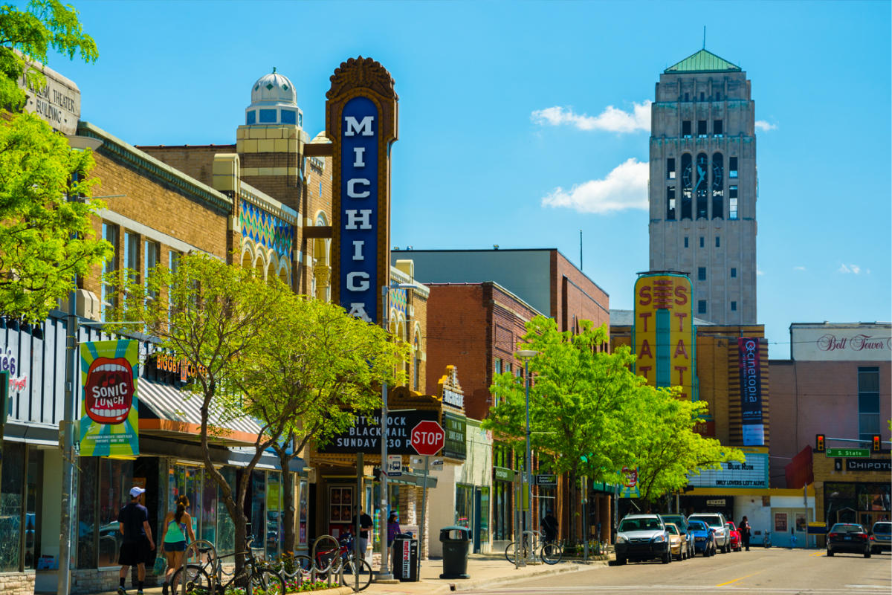Downtown Ann Arbor, a neighborhood located blocks from Central Campus at the University of Michigan.