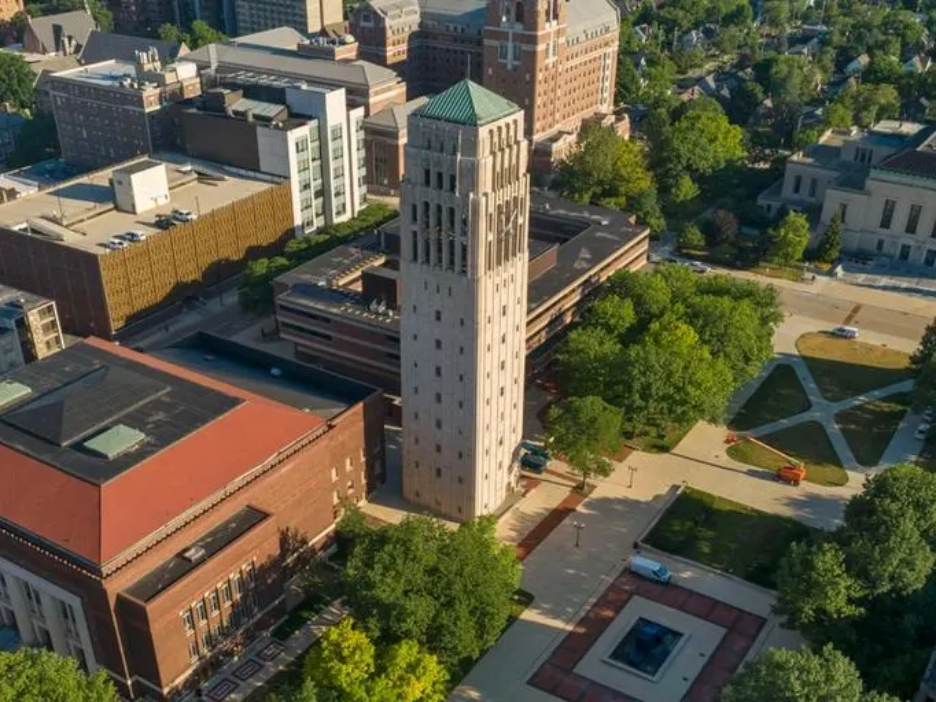 Central Campus at the University of Michigan, surrounded by academic buildings, dorms and student life centers. 