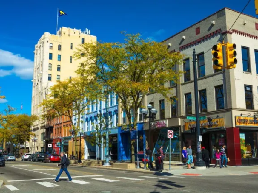 Downtown Ann Arbor, located further from the University of Michigan’s Central Campus. 