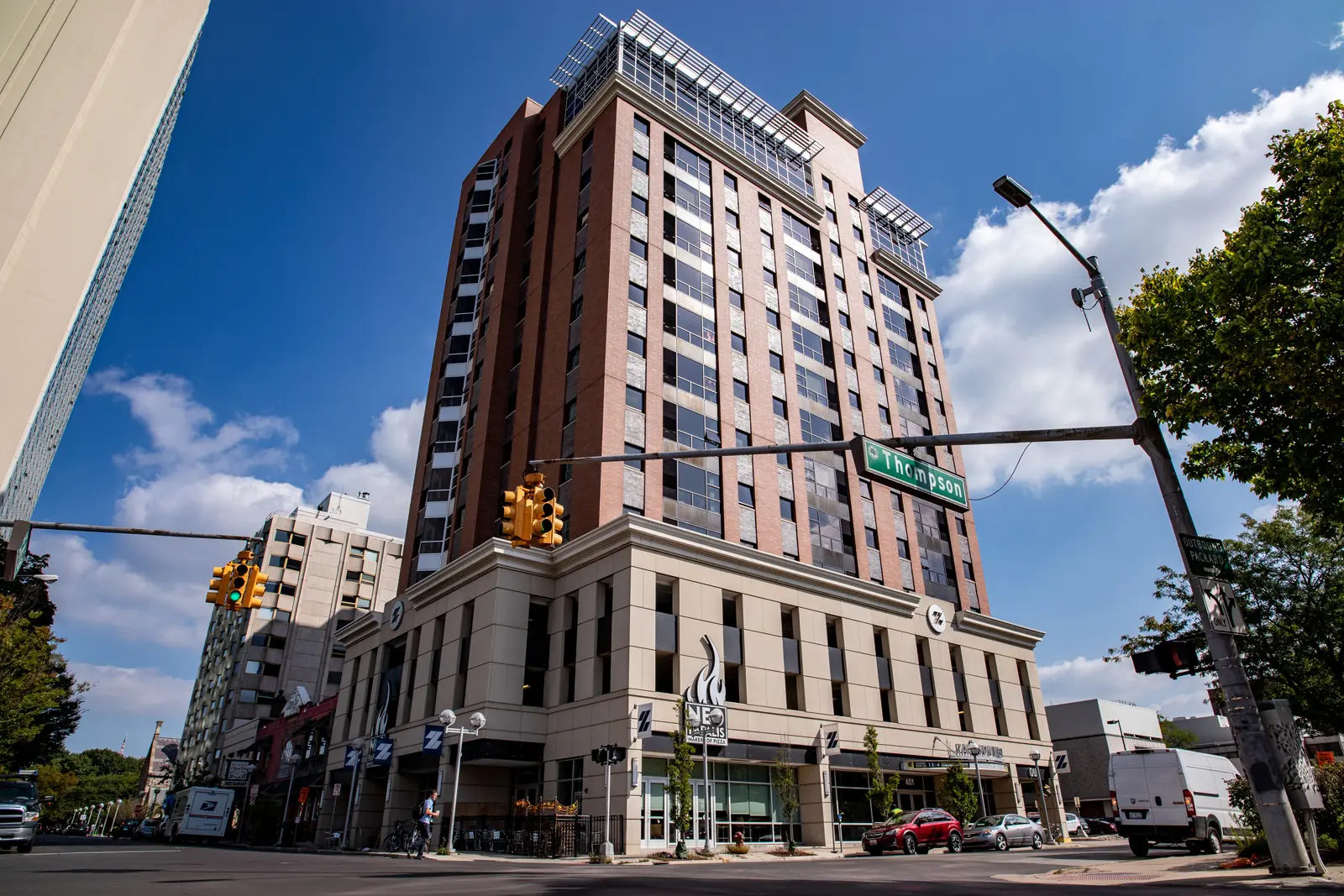 Exterior view of Z West high-rise apartment building on Thompson Street in Ann Arbor near UMich.