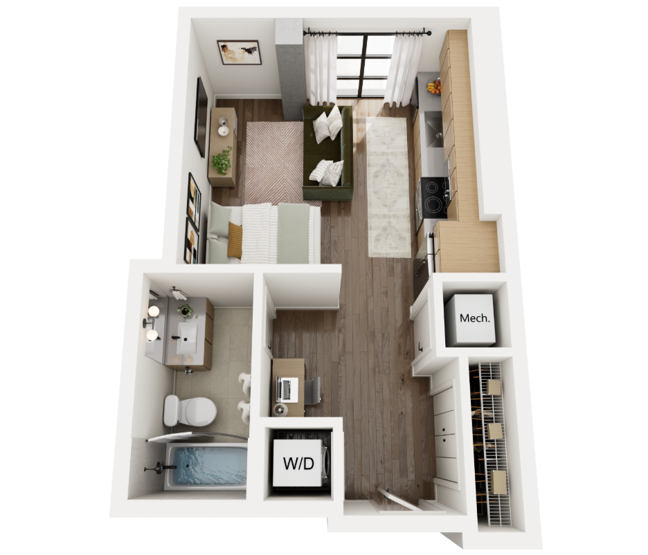 A 3D rendering of The Driskill, a studio apartment at Rambler Ann Arbor. 