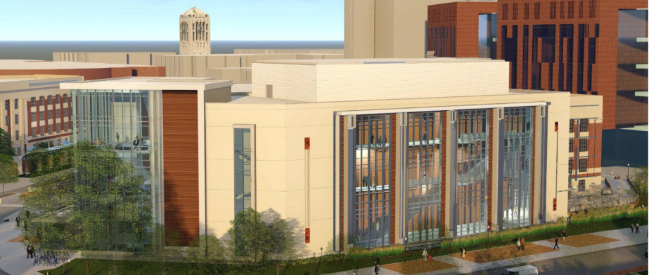 Exterior rendering of the Central Campus Classroom Building (CCCB) at the University of Michigan at Ann Arbor.  