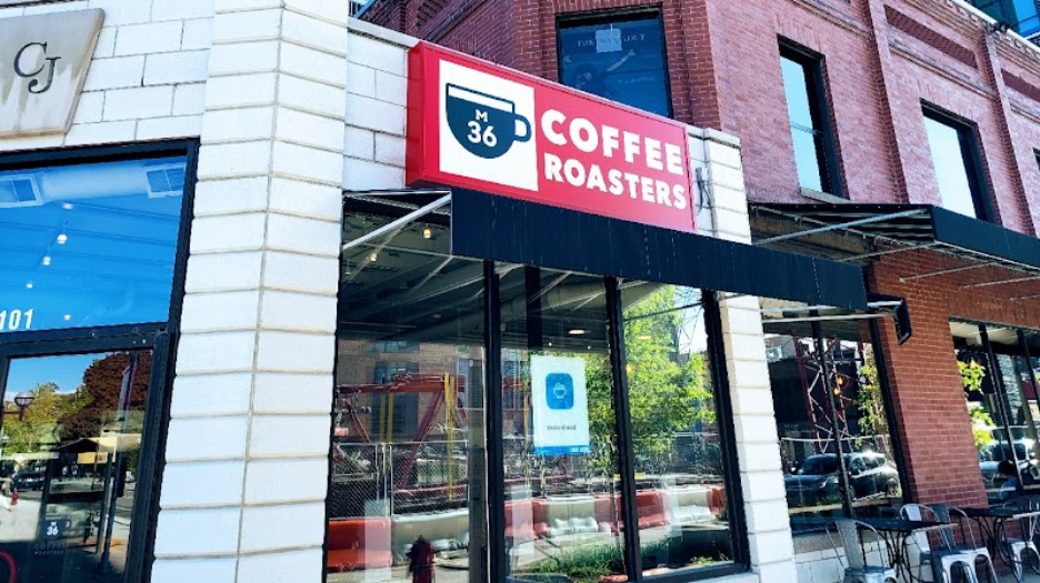 Sidewalk view of M-36 Coffee Roasters near the University of Michigan Diag.