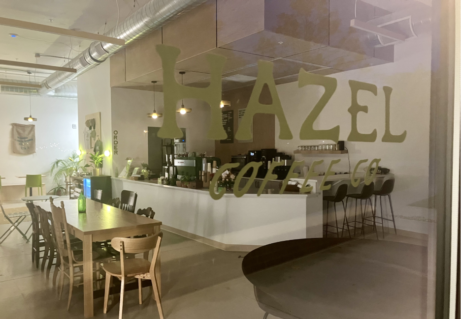 Window view of Hazel Coffee near the University of Michigan in Ann Arbor.