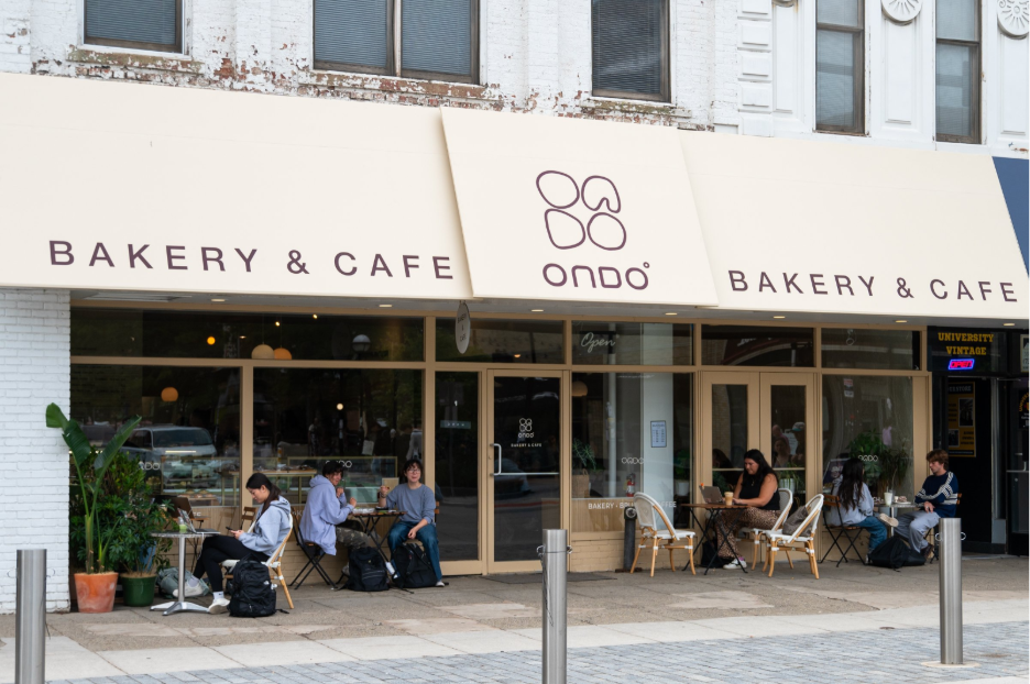 Street view of Ondo Bakery in Ann Arbor, a popular coffee shop near the University of Michigan.