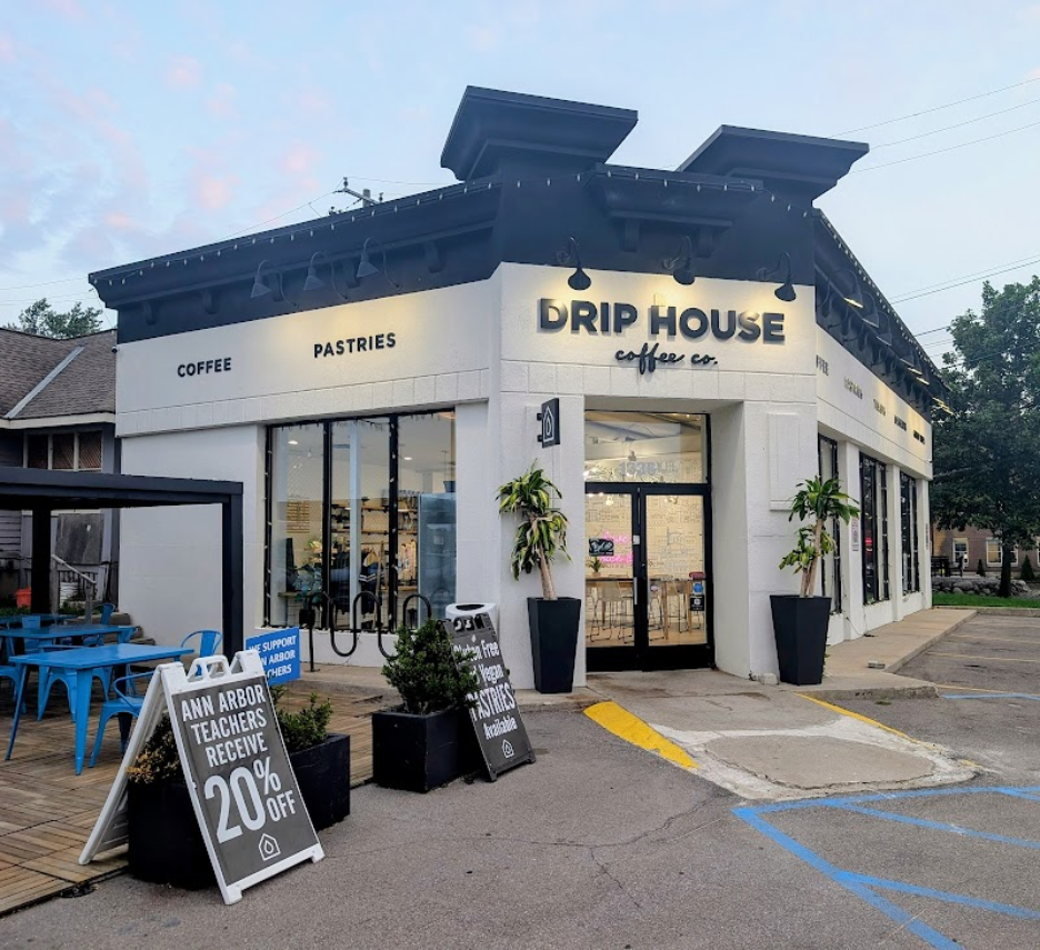 Exterior sidewalk view of Drip House near UMich campus in Ann Arbor.