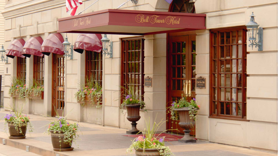 Exterior view of Bell Tower Hotel on the University of Michigan central campus. 